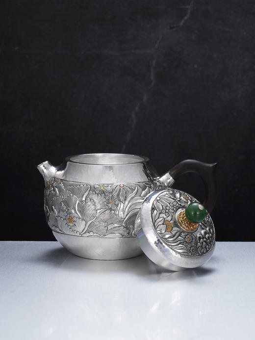 子佩集【花开福盈】S999银摆件【ZJ036】茶具牡丹花嵌金小茶壶2509 商品图3