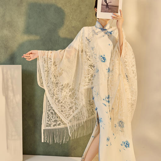 N8053民国风改良中式少女旗袍裙新中式高端青花瓷连衣裙披肩套装 商品图2