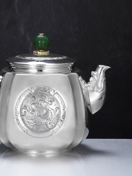 子佩集【龙凤纳福】S999银摆件【ZJ040】茶具亮面龙凤图腾小茶壶2509 商品图5