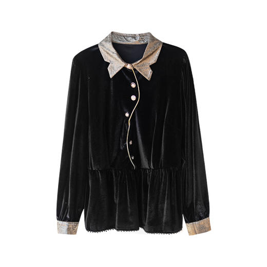 AHM msdm2801时尚优雅丝绒拼接纽扣小衫翻领上衣 商品图4
