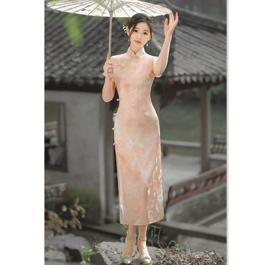 SYK299117时尚年轻少女款改良新中式旗袍2024春新款长款单层短袖旗袍 商品图3