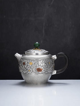 子佩集【花开福来】S999银摆件【ZJ037】茶具格桑花嵌金小茶壶2509