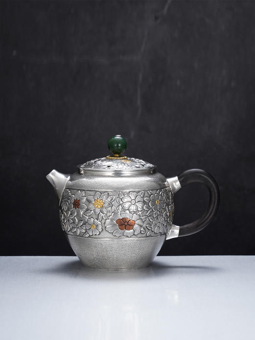 子佩集【花开福来】S999银摆件【ZJ037】茶具格桑花嵌金小茶壶2509 商品图0
