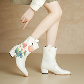 OLD 25A1真皮高跟短靴粗跟圆头中跟印花马丁靴