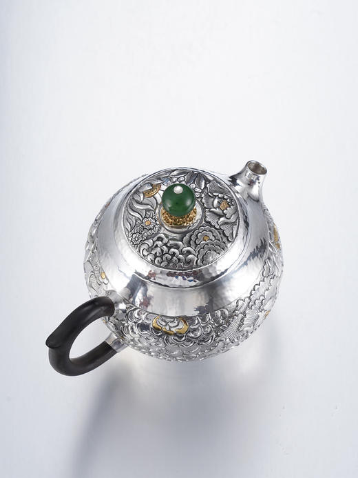 子佩集【花开福盈】S999银摆件【ZJ036】茶具牡丹花嵌金小茶壶2509 商品图8