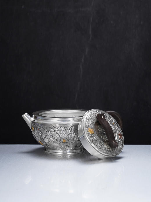 子佩集【花开福瑞】S999银摆件【ZJ039】茶具花朵嵌金平盖小茶壶2509 商品图11