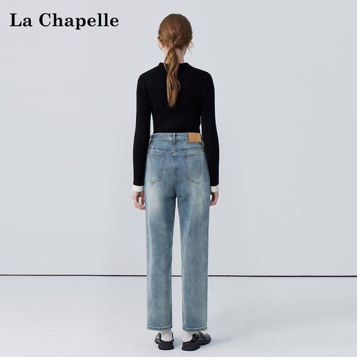 会员福利【设计感×通勤百搭】拉夏贝尔/La Chapelle高腰皮标牛仔裤女百搭韩版休闲小个子直筒裤 商品图4