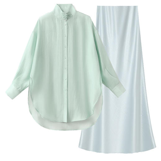 N8023秋季新款国风新中式高端盘扣立领时尚上衣纯色半裙衬衫套装 商品图4