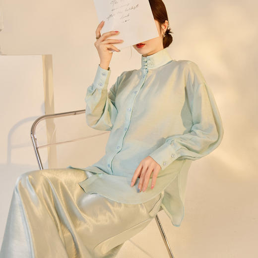 N8023秋季新款国风新中式高端盘扣立领时尚上衣纯色半裙衬衫套装 商品图1