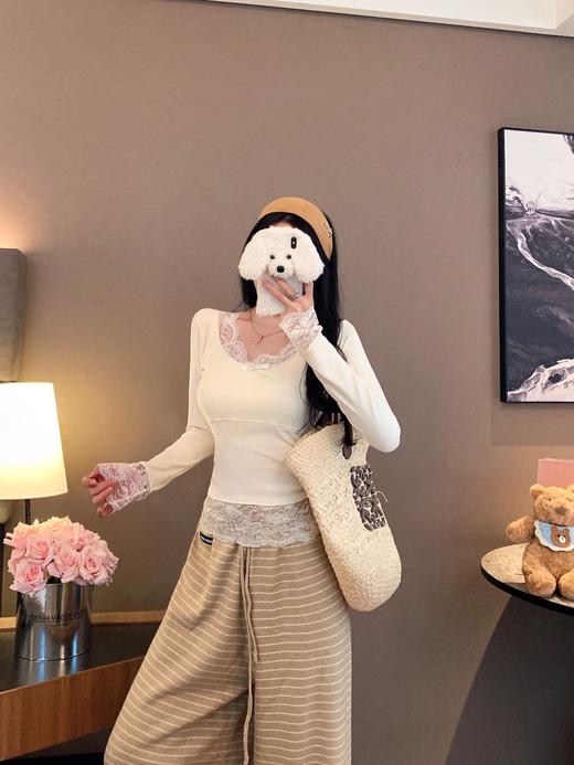 【GZ】无忧购79元2件拼接V领长袖T恤秋冬内搭蕾丝显瘦修身高级感打底上衣5567（截单后3-5天发货) 商品图10