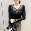 KQL462H7275 2025秋季新款v领长袖上衣优雅花边拼接烫钻洋气网纱收腰气质t恤 商品缩略图0