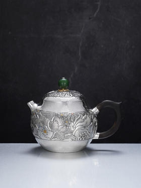 子佩集【花开福盈】S999银摆件【ZJ036】茶具牡丹花嵌金小茶壶2509