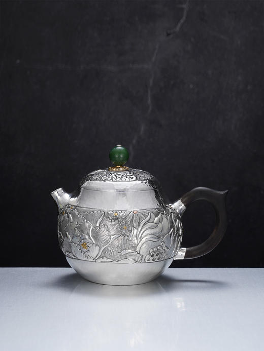 子佩集【花开福盈】S999银摆件【ZJ036】茶具牡丹花嵌金小茶壶2509 商品图0