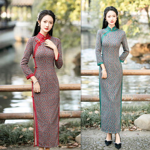 SYK100883 老上海复古国风曼丽绒长款七分袖旗袍2023冬季新款改良中老年旗袍 商品图3