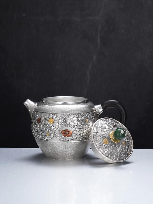 子佩集【花开福来】S999银摆件【ZJ037】茶具格桑花嵌金小茶壶2509 商品图3
