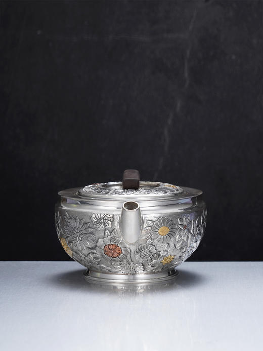子佩集【花开福瑞】S999银摆件【ZJ039】茶具花朵嵌金平盖小茶壶2509 商品图7