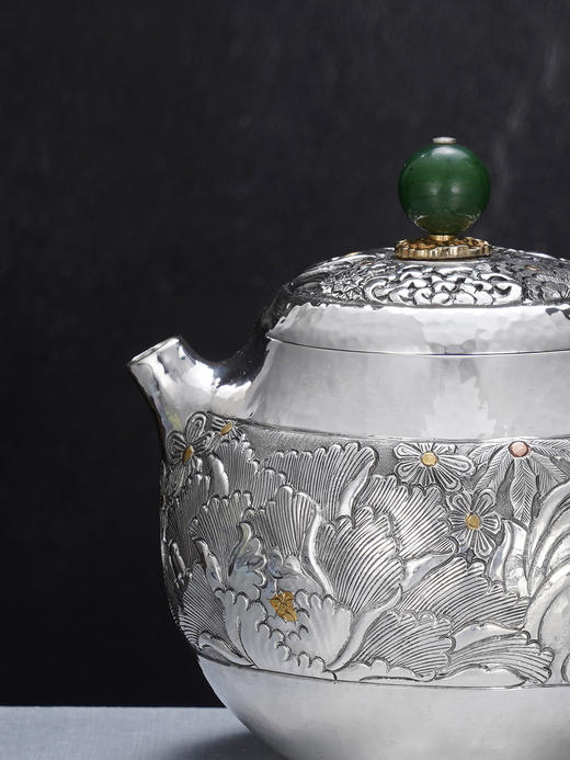 子佩集【花开福盈】S999银摆件【ZJ036】茶具牡丹花嵌金小茶壶2509 商品图1