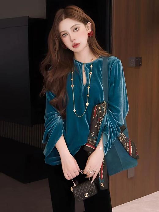 XMZ1113港味时尚镂空丝绒衬衫长袖衬衣女高级感轻奢减龄洋气宽松别致上衣 商品图1