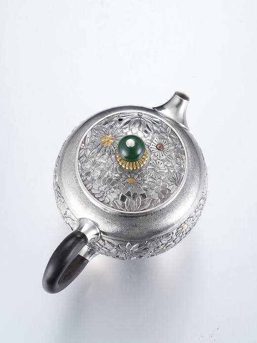 子佩集【花开福来】S999银摆件【ZJ037】茶具格桑花嵌金小茶壶2509 商品图9