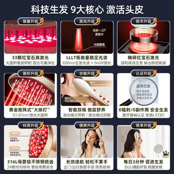 艾诗摩尔（ASHMORE）激光生发仪红光健生发梳红宝石电动按摩梳器头皮控油防脱 AS-SF03 商品图3