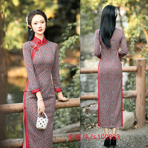 SYK100883 老上海复古国风曼丽绒长款七分袖旗袍2023冬季新款改良中老年旗袍 商品图2