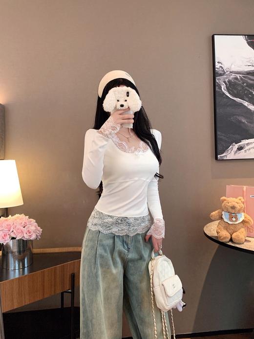 【GZ】无忧购79元2件拼接V领长袖T恤秋冬内搭蕾丝显瘦修身高级感打底上衣5567（截单后3-5天发货) 商品图0