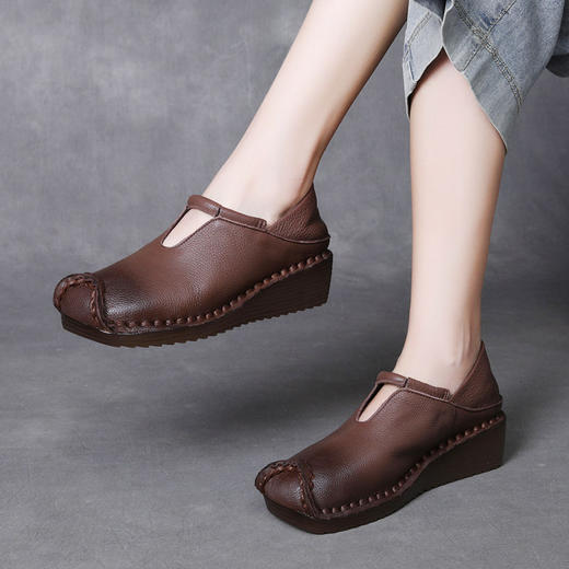 WA53672025春新款头层牛皮坡跟女鞋真皮复古两穿缝包鞋软底妈妈鞋套 商品图3