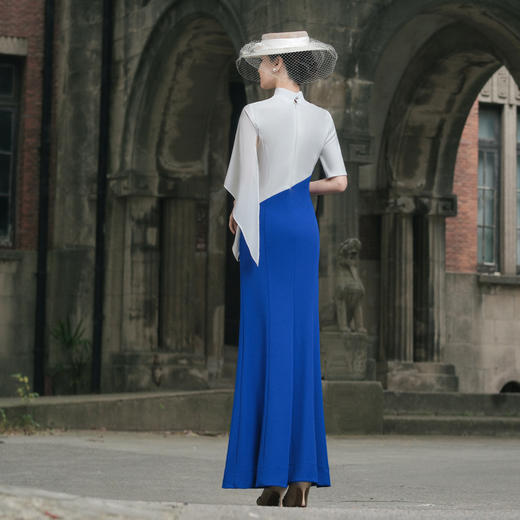 新款撞色拼接复古高端时尚改良走秀礼服演出服加长款年轻款旗袍 商品图3