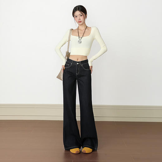 罗蒙秋冬女士牛仔裤深色微喇叭牛仔裤百搭低腰马蹄裤子复古显瘦宽松拖地裤 商品图1