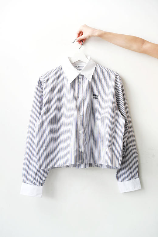 条纹府绸衬衫，小标刺绣工艺。姐感气质法式翻领长袖衬衣C100758 商品图7