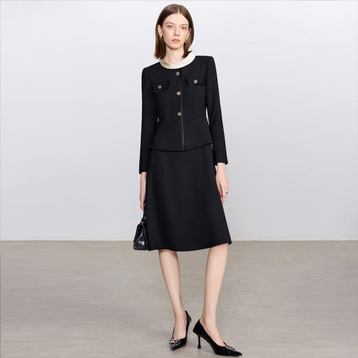 IWY/拼接领黑色假两件连衣裙女秋季新款法式优雅气质职业装Q1448 商品图0