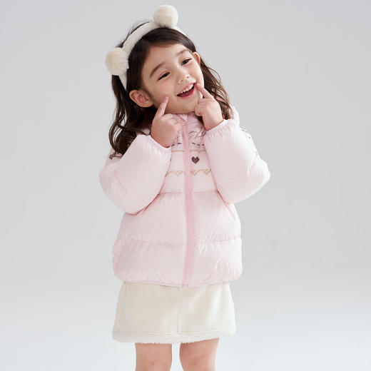 笛莎Deesha 2025冬季女童甜美费尔岛印花三防连帽轻薄羽绒服 商品图1