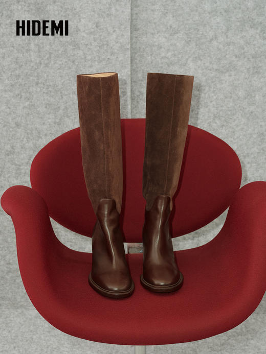 HIDEMI 进口麂皮拼接圆头粗跟7CM长靴宽筒骑士靴 乌木棕 商品图1