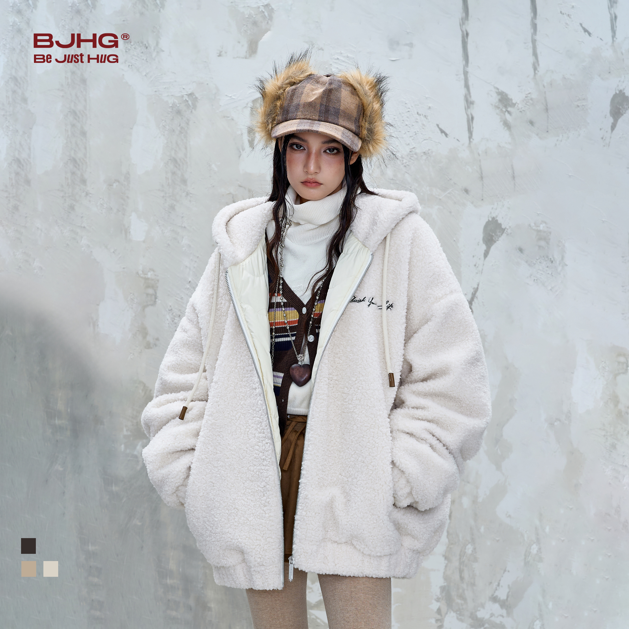 BJHG不计后果羊羔绒棉服男款秋冬季90白鸭绒棉袄羽绒服连帽外套女