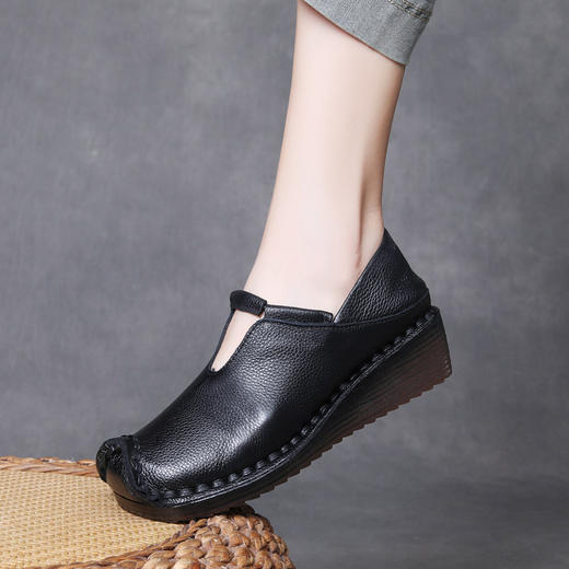 WA53672025春新款头层牛皮坡跟女鞋真皮复古两穿缝包鞋软底妈妈鞋套 商品图1