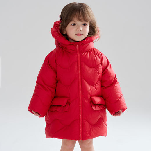 笛莎Deesha 2025冬季女童甜美木耳边三防连帽中长羽绒服 商品图0