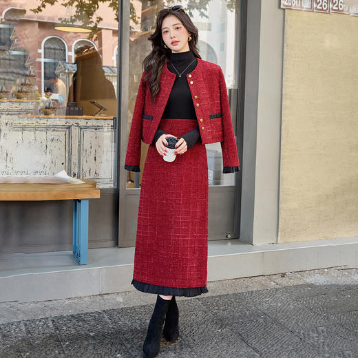 HR YJLY8676小香法式气质撞色花边长裙两件套 商品图0