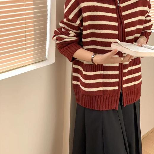 【YW】无忧购秋冬新款韩版立领拉链拼色条纹软糯针织开衫双口袋毛衣保暖外套女91368（截单后3-5天发货) 商品图5