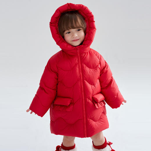 笛莎Deesha 2025冬季女童甜美木耳边三防连帽中长羽绒服 商品图2