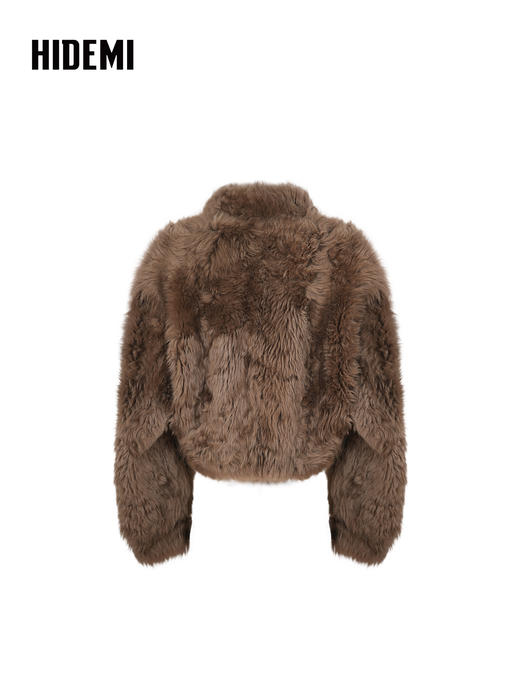 HIDEMI 进口西班牙羊剪毛不对称立领廓形极简皮毛一体短外套 摩卡色 商品图6