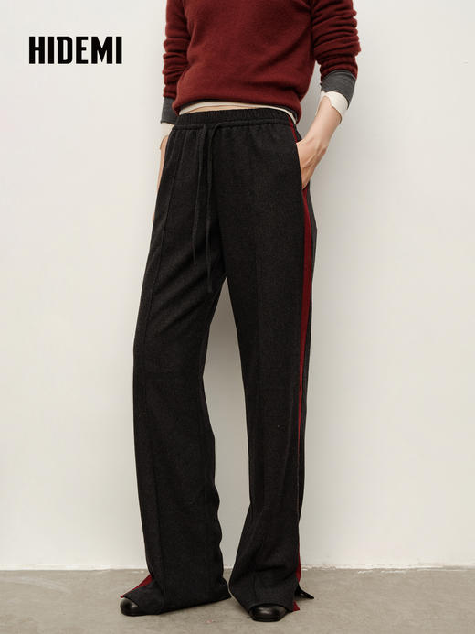 HIDEMI 进口绵羊毛侧缝条纹拼接撞色抽绳加厚阔腿裤长裤 商品图0