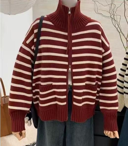 【YW】无忧购秋冬新款韩版立领拉链拼色条纹软糯针织开衫双口袋毛衣保暖外套女91368（截单后3-5天发货) 商品图10