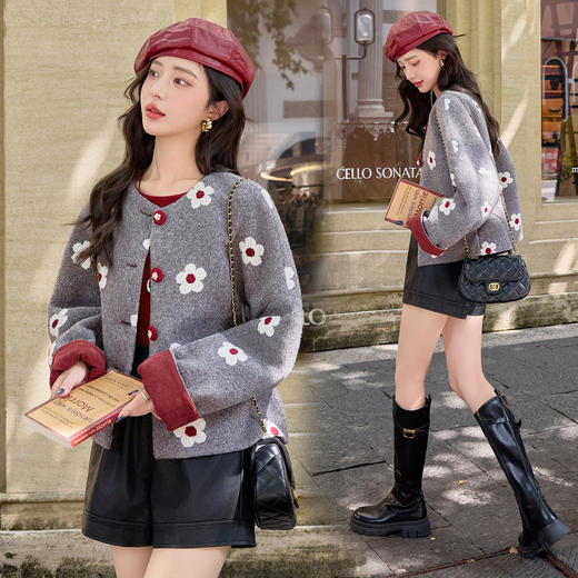 HR YJLY8666撞色拼接大花毛呢外套 商品图0