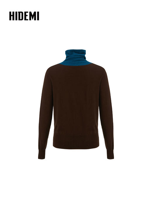 HIDEMI 进口美利奴羊毛V型撞色拼接高领毛衣 棕蓝/黑白 商品图4