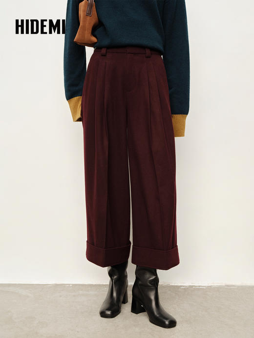 HIDEMI 进口绵羊毛宽边卷边加厚阔腿九分裤靴裤 宝石蓝 商品图3