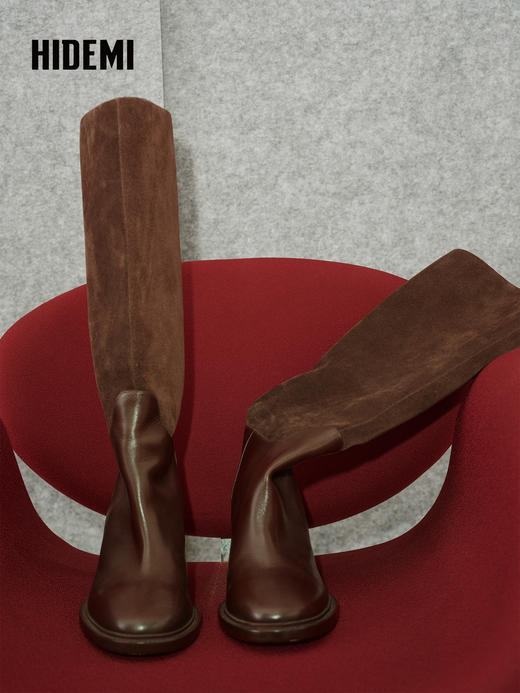 HIDEMI 进口麂皮拼接圆头粗跟7CM长靴宽筒骑士靴 乌木棕 商品图2