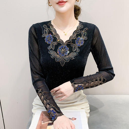 KQL 462H7273上衣优雅花边拼接烫钻洋气网纱收腰气质t恤 商品图3