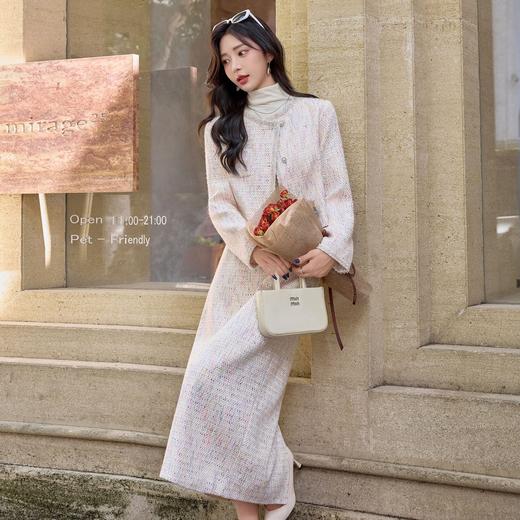 HR YJLY8672小香粗花呢钉珠斜门襟长裙两件套 商品图4