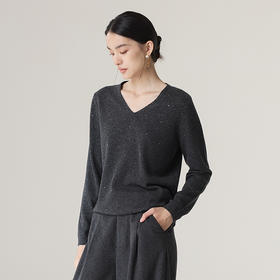 【林栖设计小店】V领绵羊毛织上衣优雅百搭多色珠片显瘦2025秋冬新款长袖毛衣1954029