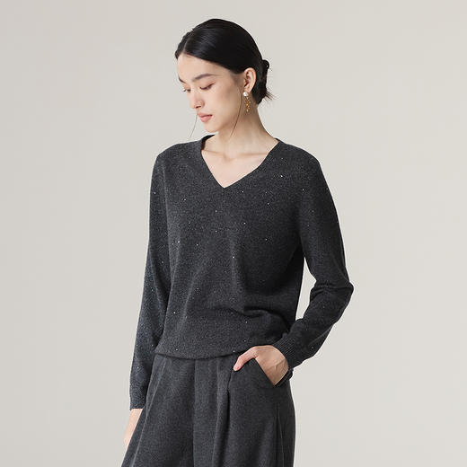 【林栖设计小店】V领绵羊毛织上衣优雅百搭多色珠片显瘦2025秋冬新款长袖毛衣1954029 商品图0